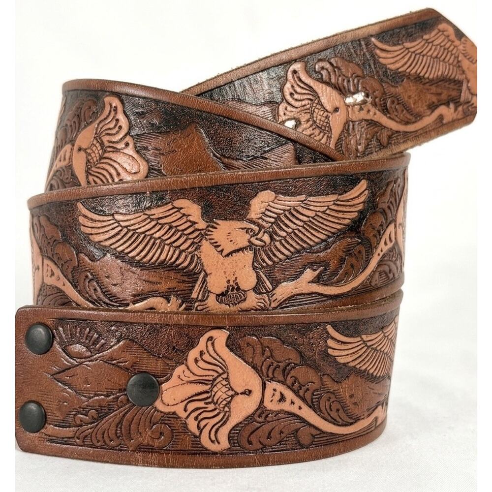 Vintage Eagle Tooled Leather Belt Mexico Western Biker Americana Cowboy Sz 34 36